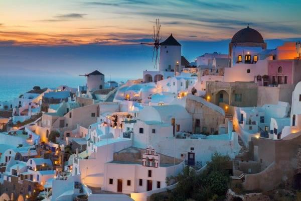 Oia village in Santorini at dusk