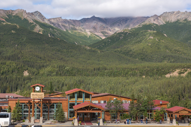 Holland America Alaska resort with mountain backdrop