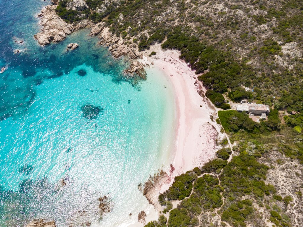 Aerial view of Spiaggia Rosa, Maddalena island, Sardinia, Italy.