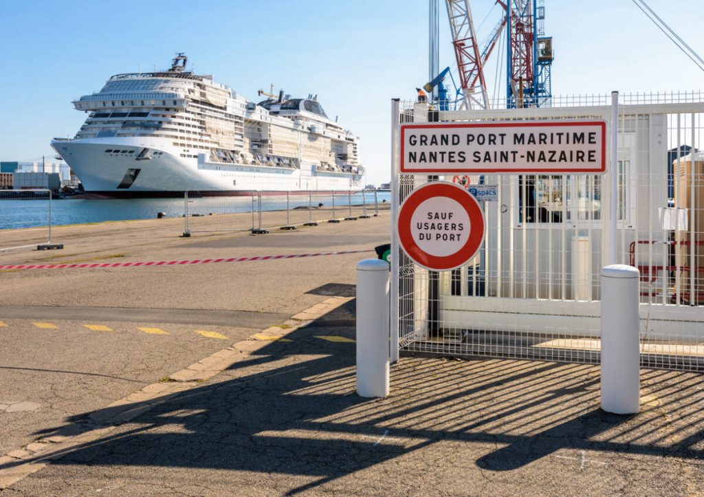 Saint-Nazaire, France - September 21, 2022: General view of the MSC Euribia cruise ship under construction in the Chantiers de l'Atlantique shipyard in the Great maritime port of Nantes Saint-Nazaire.