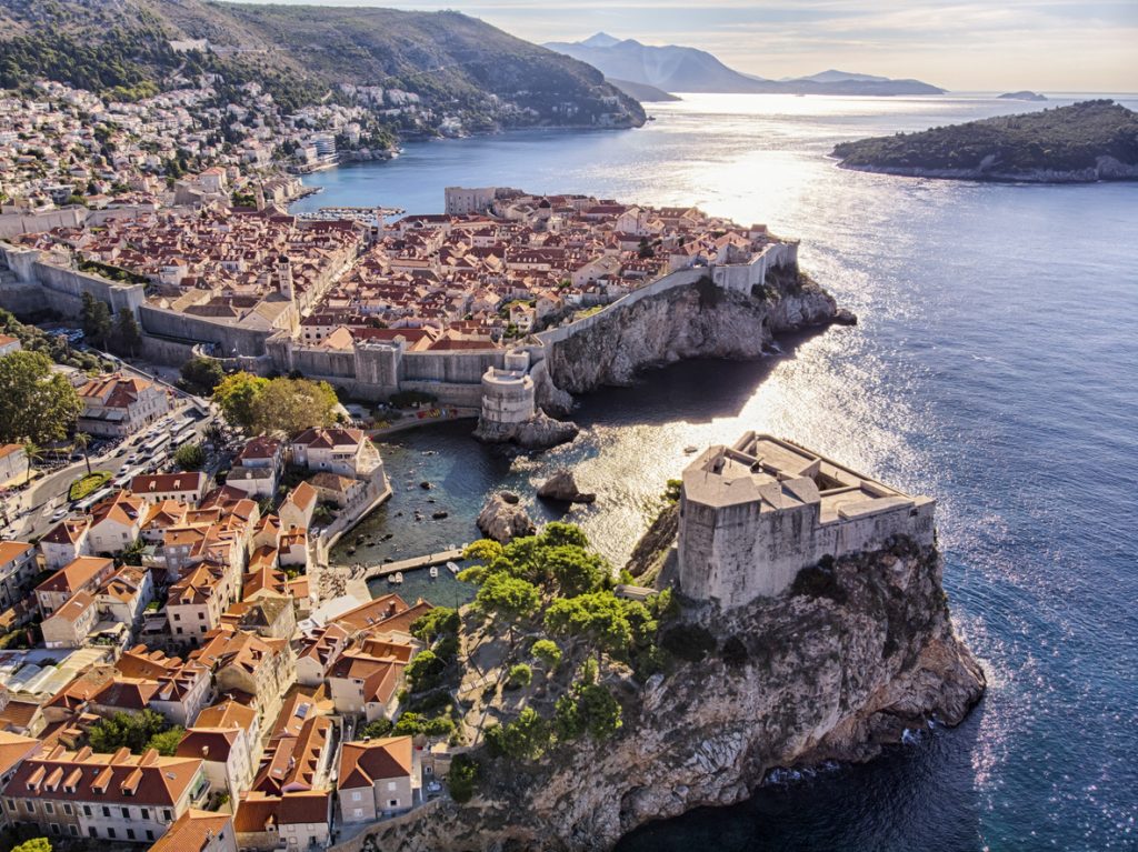 Aerial view of Saint Lawrence Fortress and Dubrovnik old town city walls