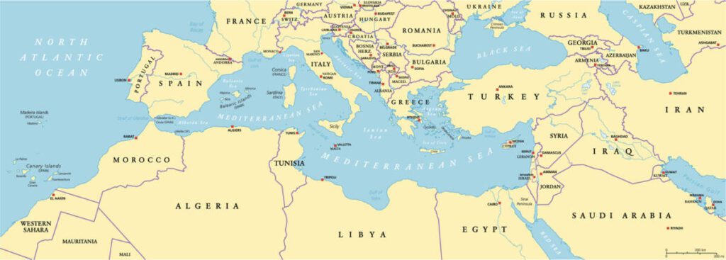 Mediterranean Basin Political Map. South Europe, North Africa and Near East with capitals, national borders, rivers and lakes. English labeling and scaling.