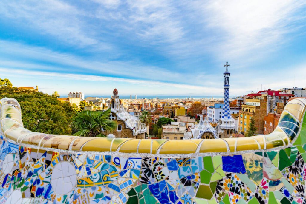 Park Guell Gaudi mosaic bench terrace panorama, Catalonia ,Spain