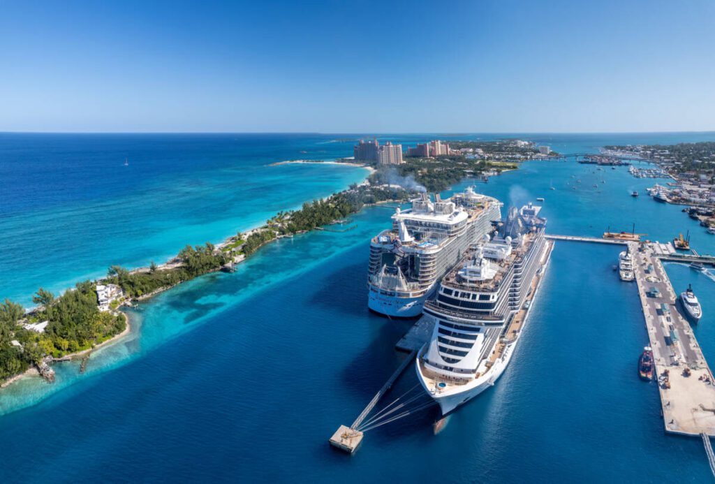 Nassau, Bahamas- December 28,2021: The drone aerial view of Paradise Island and Nassau port, Bahamas.